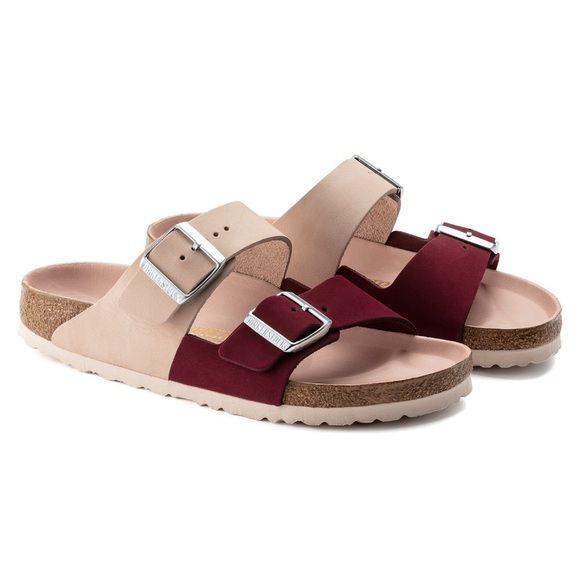 Birkenstock Shoes - Birkenstock Arizona Split in the burgundy and tan color block design size 39